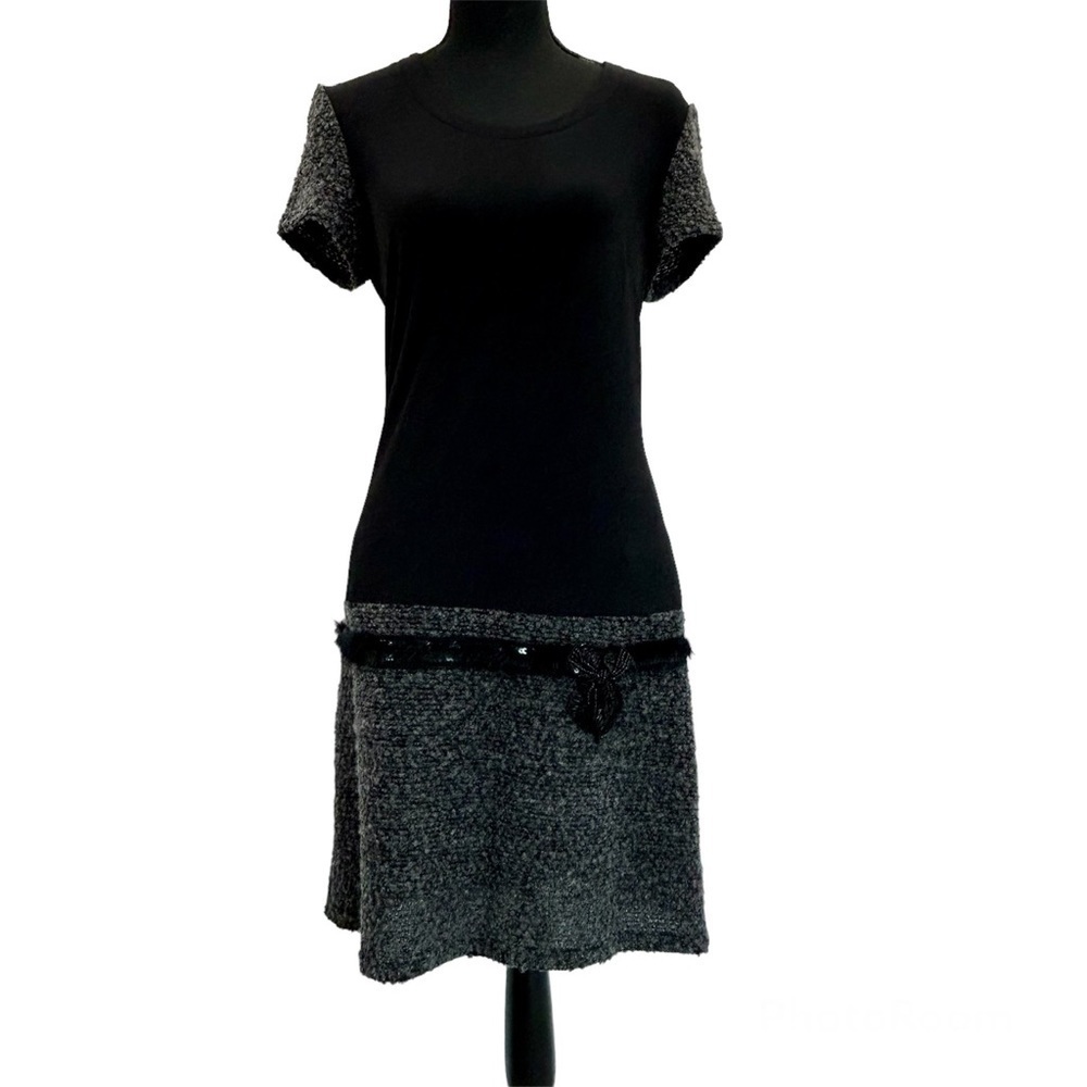 JOSEPH Ribkoff Black Gray Pencil Boucle Sequin Beaded Bow mini Dress Sz 6